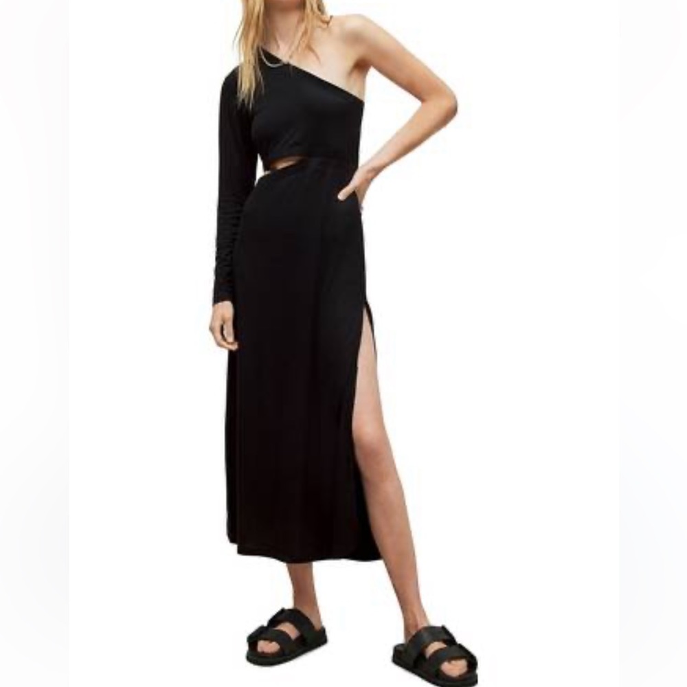 AllSaints Black One-Shoulder Maxi Dress with Side Slit
